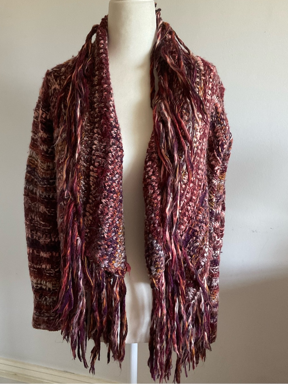 Free People Open-Front Burgundy Multi-Color Fringe Knit Sweater XS